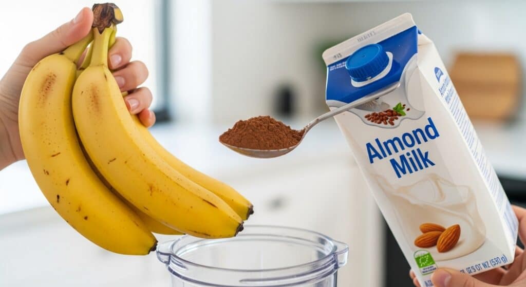 Bananas, cocoa powder, and almond milk being prepared for smoothie in a blender.