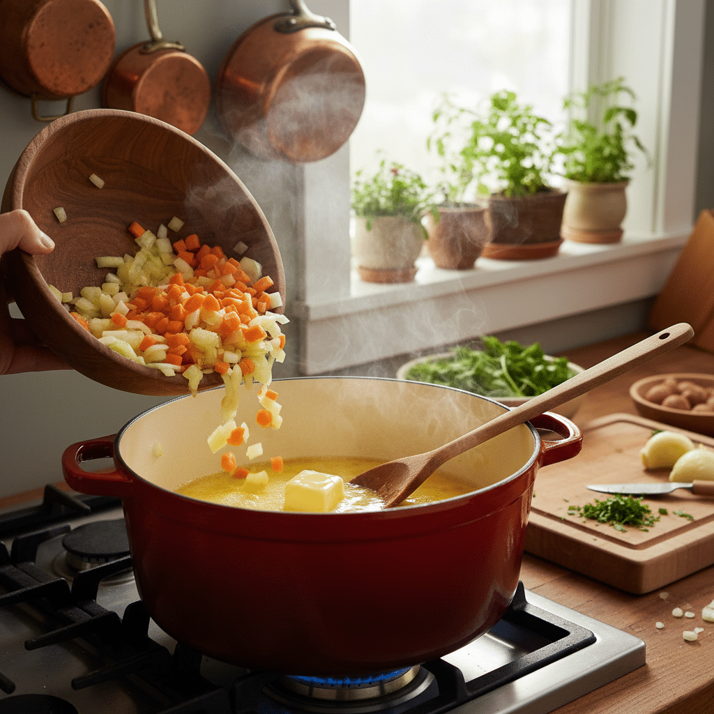 image - The Ultimate Creamy Broccoli Cheddar Soup: A Cozy Classic | Chopping vegetables are being added to a pot on the stove for a homemade soup in a cozy kitchen setting.