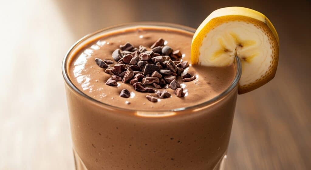 Creamy chocolate banana smoothie topped with cacao nibs and banana slice in a glass.