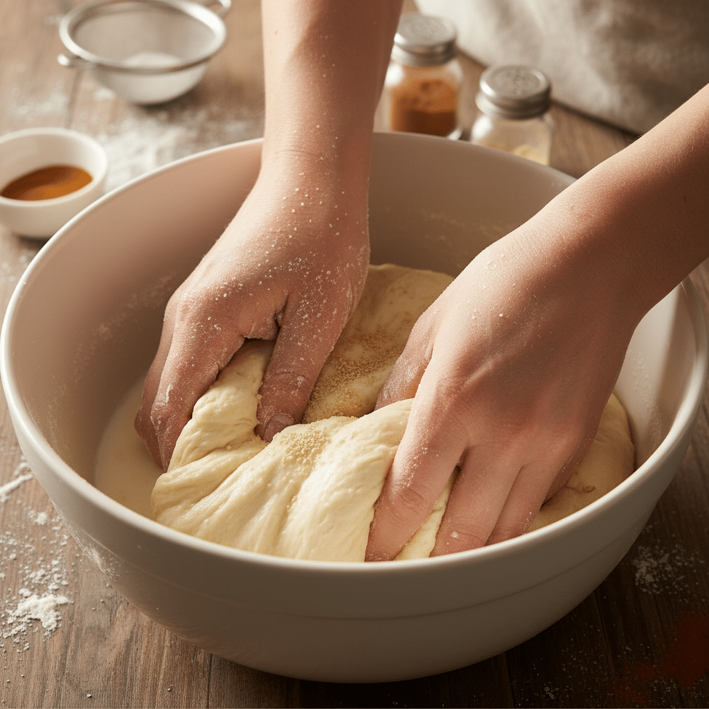 image - Bake Some Magic! Festive Christmas Star Cinnamon Rolls | Hands kneading bread dough in a white bowl, surrounded by baking ingredients on a wooden table.