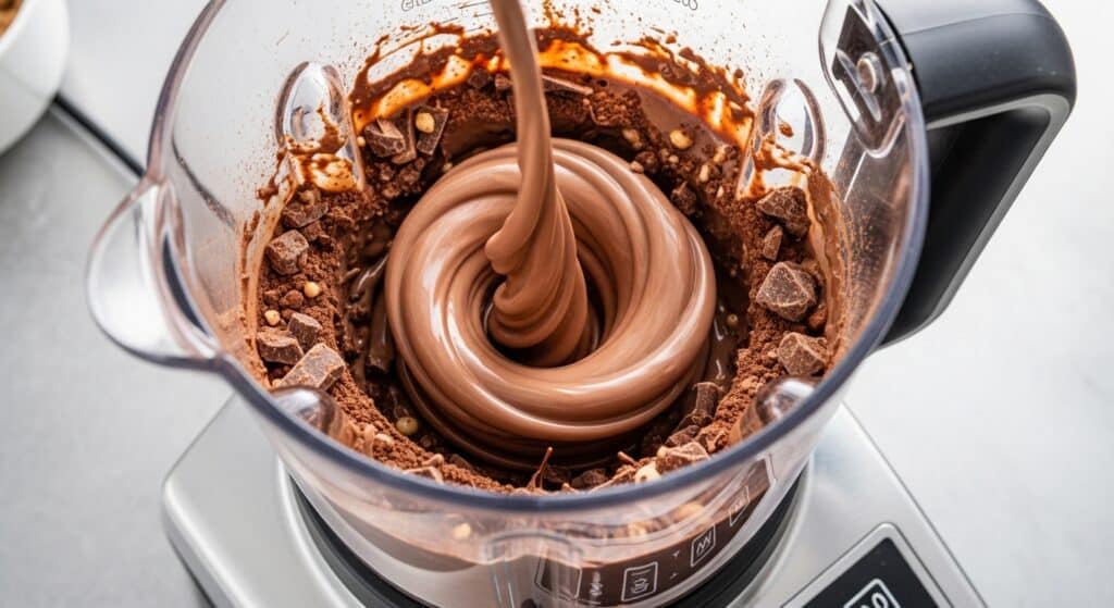 Blending rich chocolate batter in a mixer for a creamy dessert preparation.
