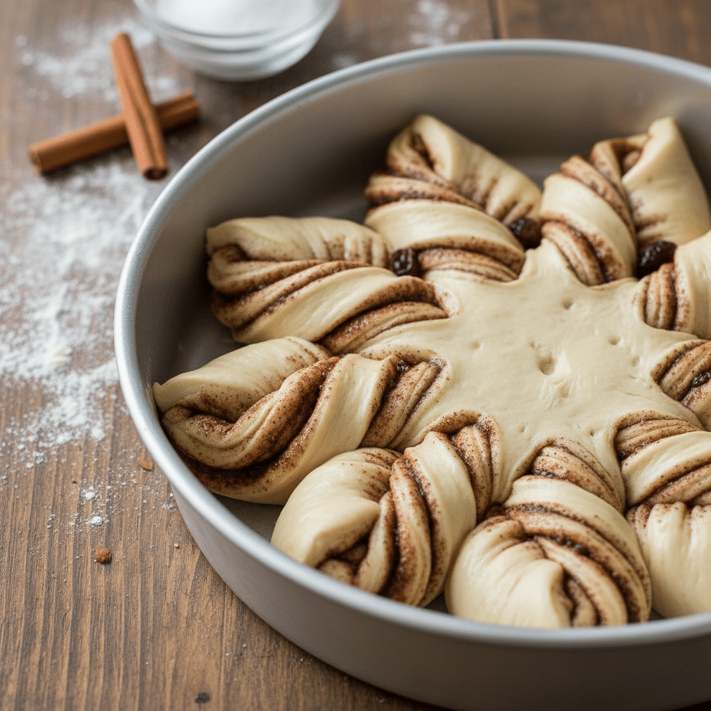 image - Bake Some Magic! Festive Christmas Star Cinnamon Rolls | Cinnamon star bread dough rising in a round baking pan on a wooden surface with spices and flour nearby.