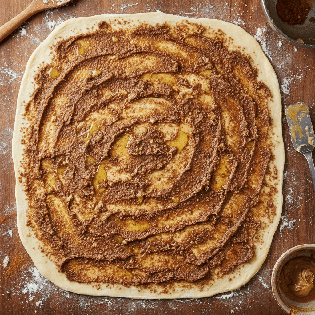 image - Bake Some Magic! Festive Christmas Star Cinnamon Rolls | Cinnamon and butter spread on dough, ready to make homemade cinnamon rolls on a floured wooden surface.