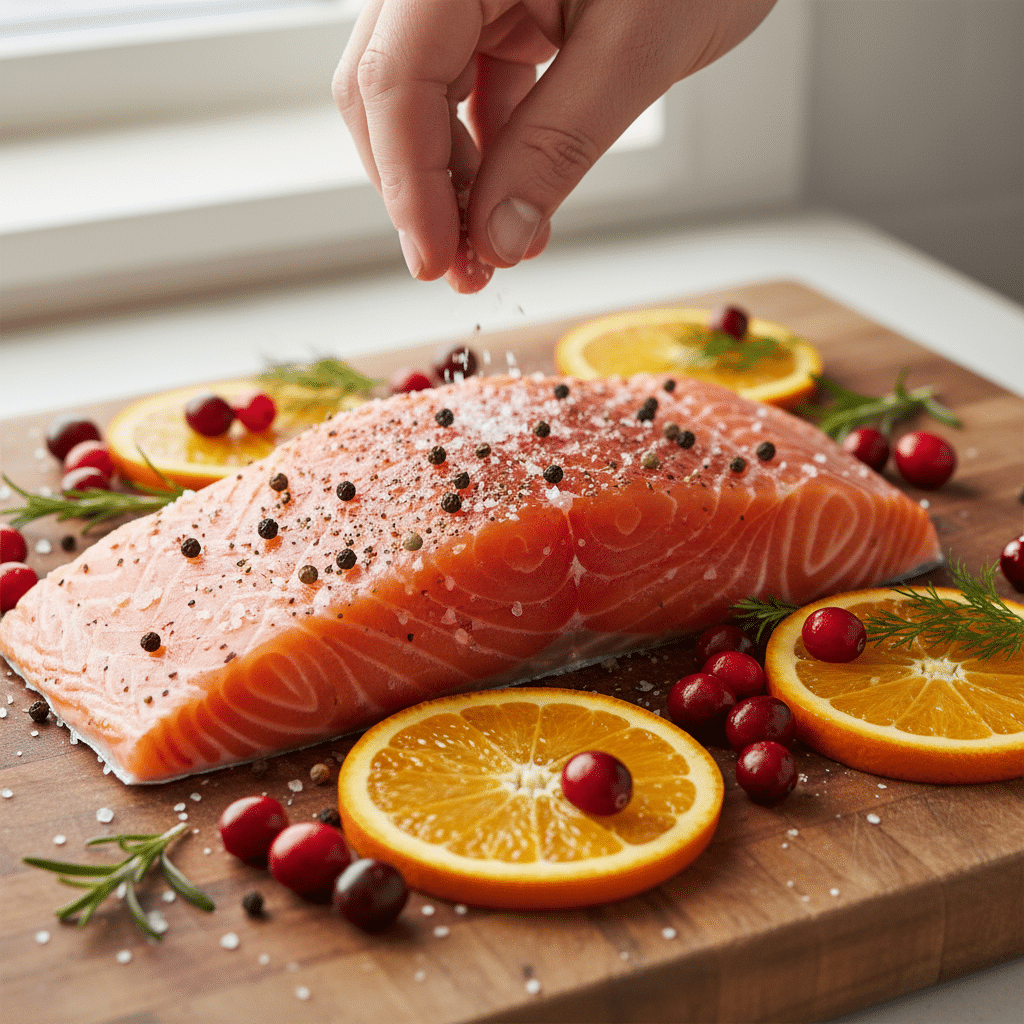 image - Festive Cranberry-Orange Glazed Salmon Recipe| Fresh salmon fillet seasoned with salt, pepper, surrounded by oranges and cranberries on a wooden board.