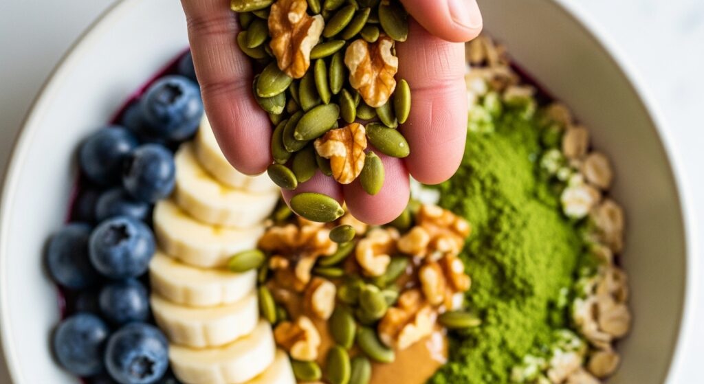 Hand adding nuts and seeds to a vibrant smoothie bowl with blueberries, banana, matcha, and oats.