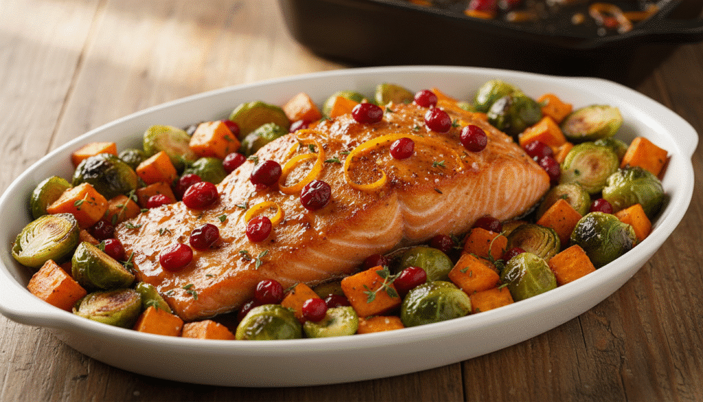 image - Festive Cranberry-Orange Glazed Salmon Recipe| Baked salmon with cranberries, sweet potatoes, and Brussels sprouts on a white dish.