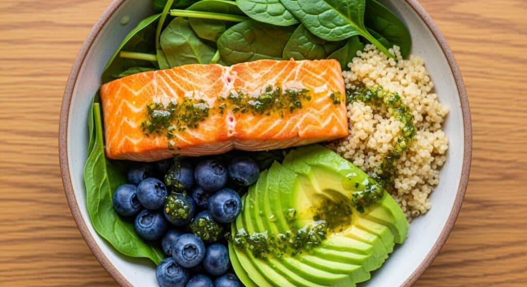 Salmon and avocado bowl with quinoa, fresh blueberries, and spinach on a wooden table. Healthy meal inspiration.