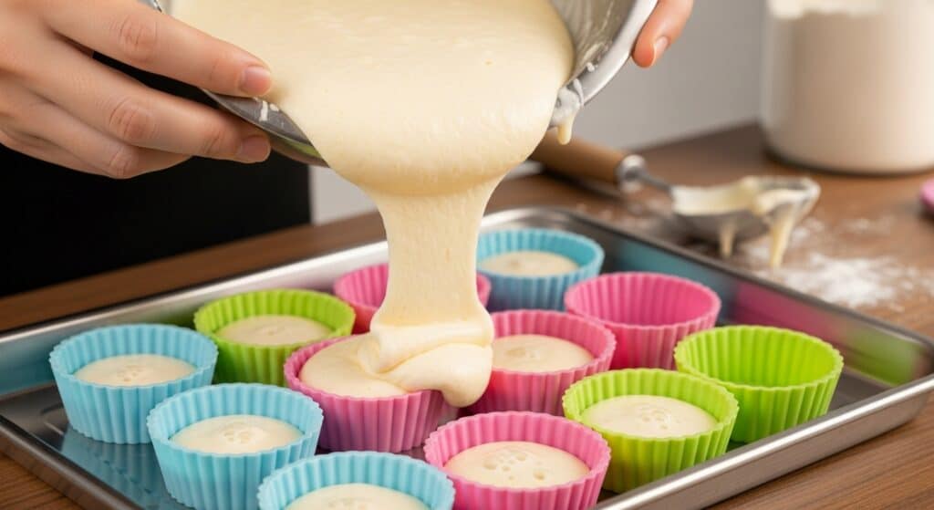 Pouring cupcake batter into colorful silicone molds on a baking tray for homemade treats.