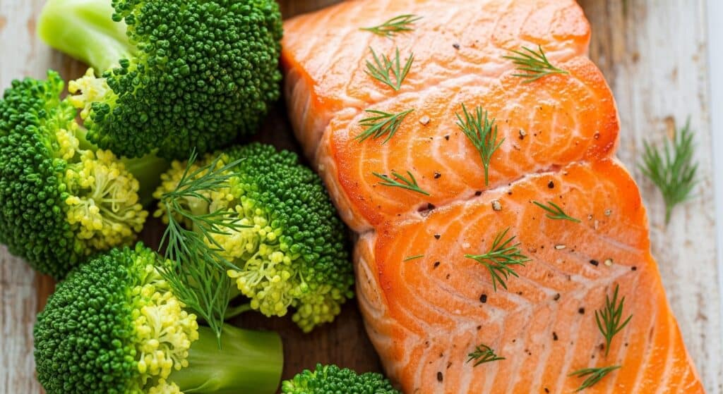 Fresh salmon fillet with dill, paired with broccoli florets on a rustic wooden surface. Healthy meal ingredients.