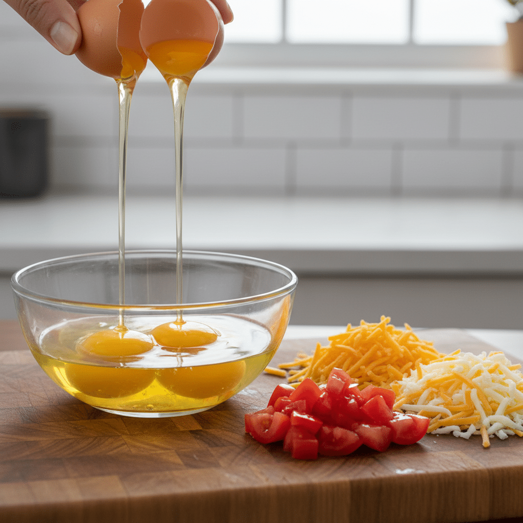 image - Cheesy Tomato Scramble: Quick & Delicious Breakfast - Chief Stories Cracking eggs into a bowl with diced tomatoes and shredded cheese on a wooden cutting board.