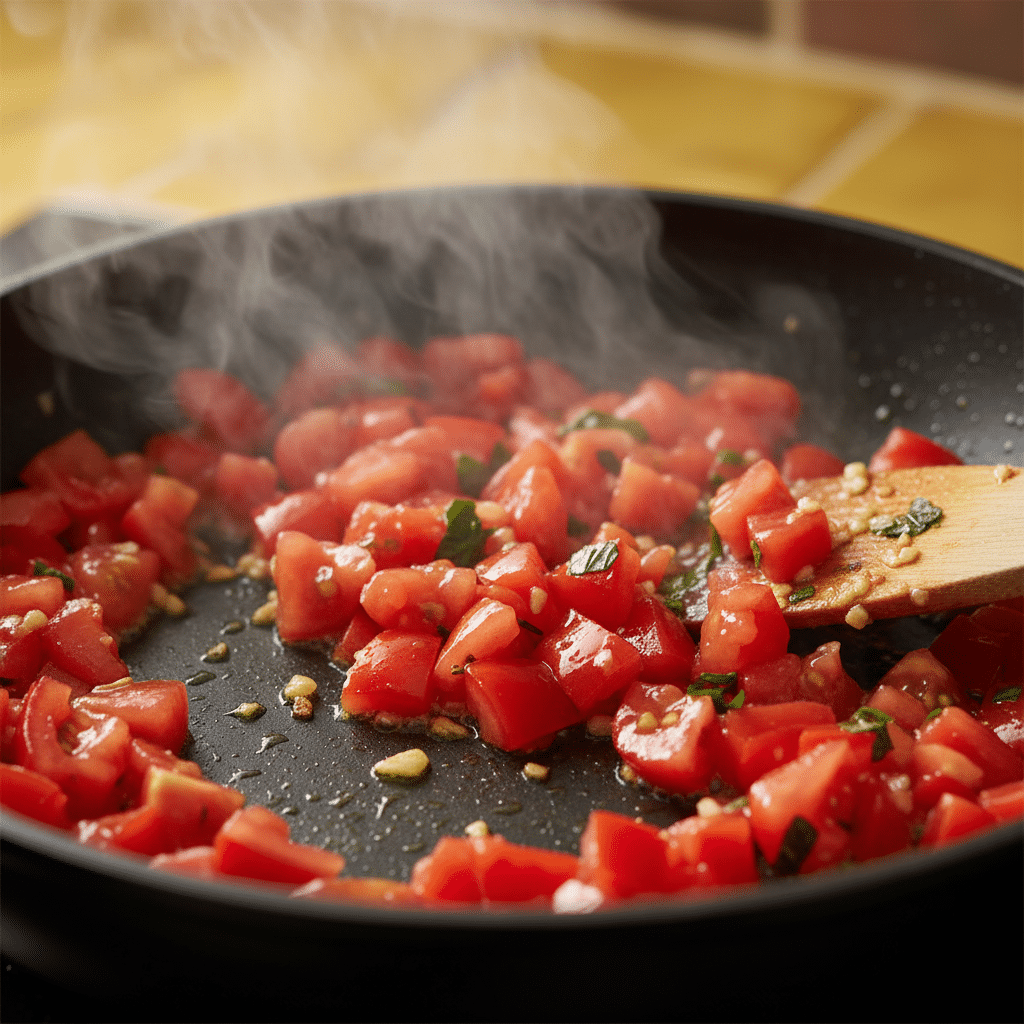 image - Cheesy Tomato Scramble: Quick & Delicious Breakfast - Chief Stories Diced tomatoes sizzling in a pan with garlic and herbs, releasing aromatic steam, stirred with a wooden spatula.