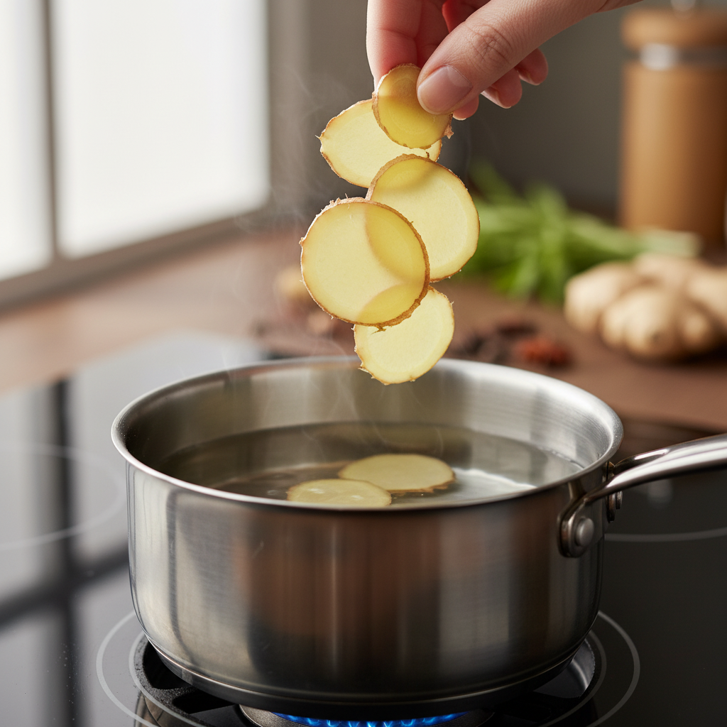 image - Soothing Ginger Honey Tea: Your Cozy Comfort Brew - Chief Stories Hand drops fresh ginger slices into simmering pot for tea. Aromatic, healthy drink preparation in modern kitchen.