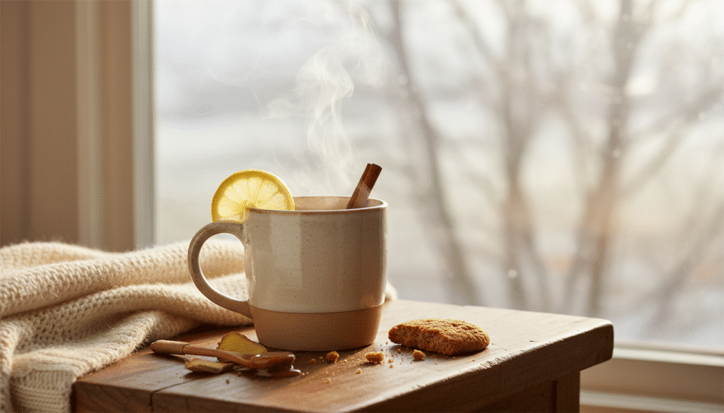 image - Soothing Ginger Honey Tea: Your Cozy Comfort Brew - Chief Stories Steaming cup of tea with lemon and cinnamon on a wooden table, cozy blanket and cookie by window.