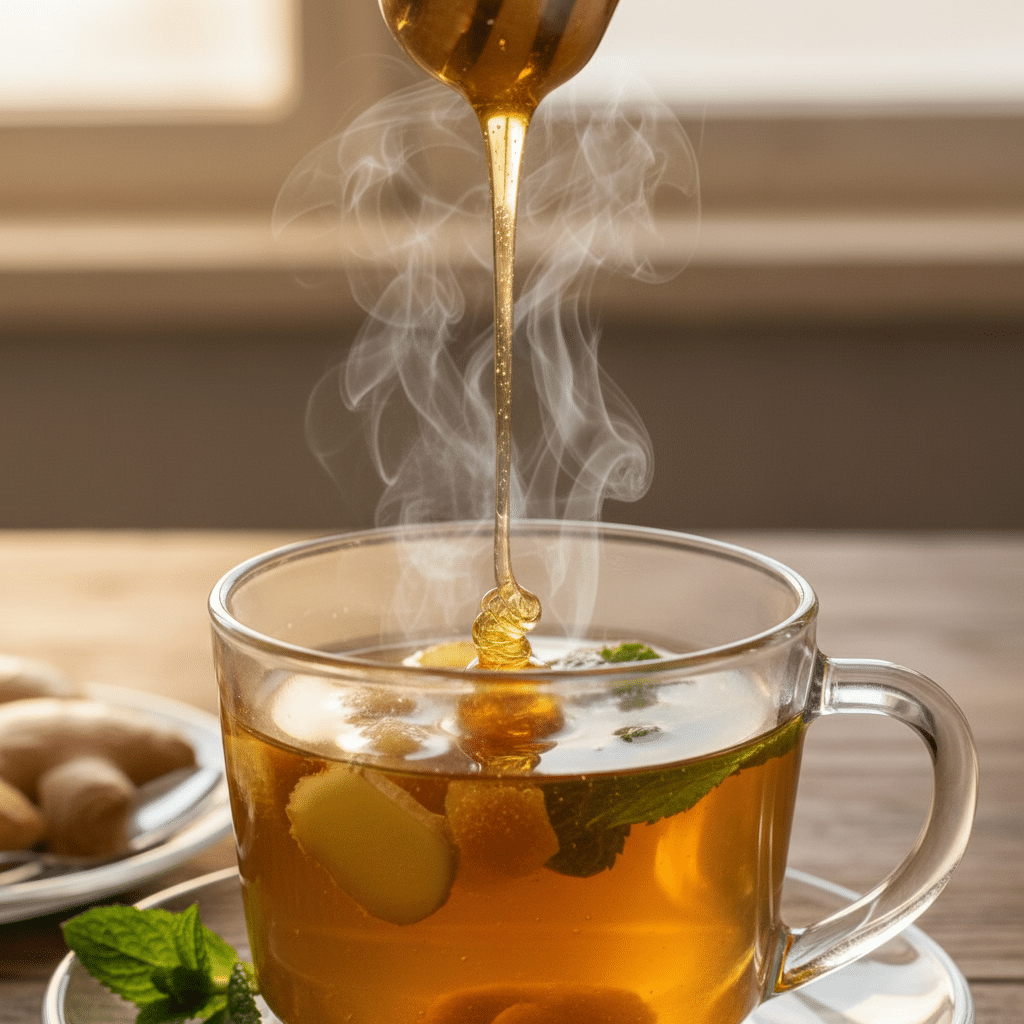 image - Soothing Ginger Honey Tea: Your Cozy Comfort Brew - Chief Stories Hot ginger tea with lemon and mint, drizzled with honey, steaming in a clear glass cup on a wooden table.