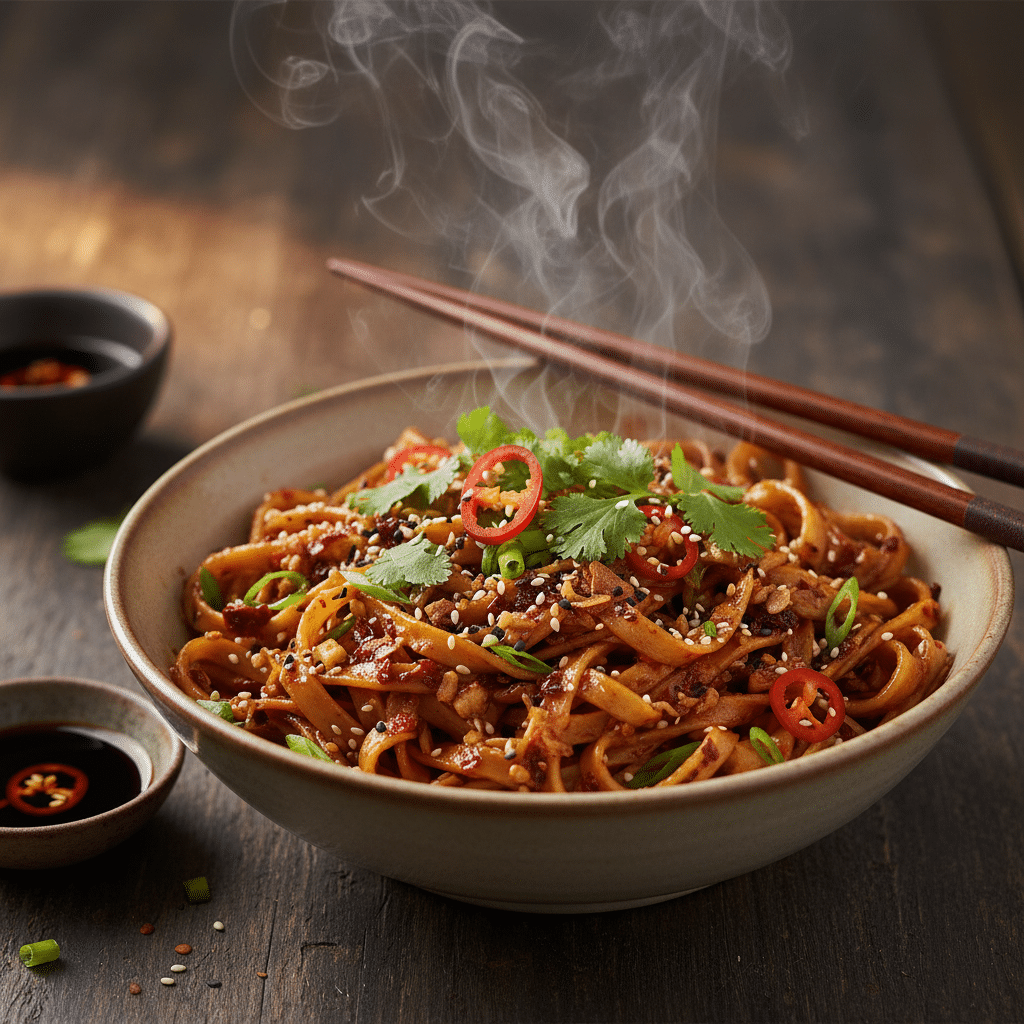 image - Fiery Chili Garlic Noodles Recipe – Quick & Flavorful - Chief Stories Spicy Asian noodles in a bowl with chopsticks, topped with cilantro, chili, and sesame seeds, steaming hot.