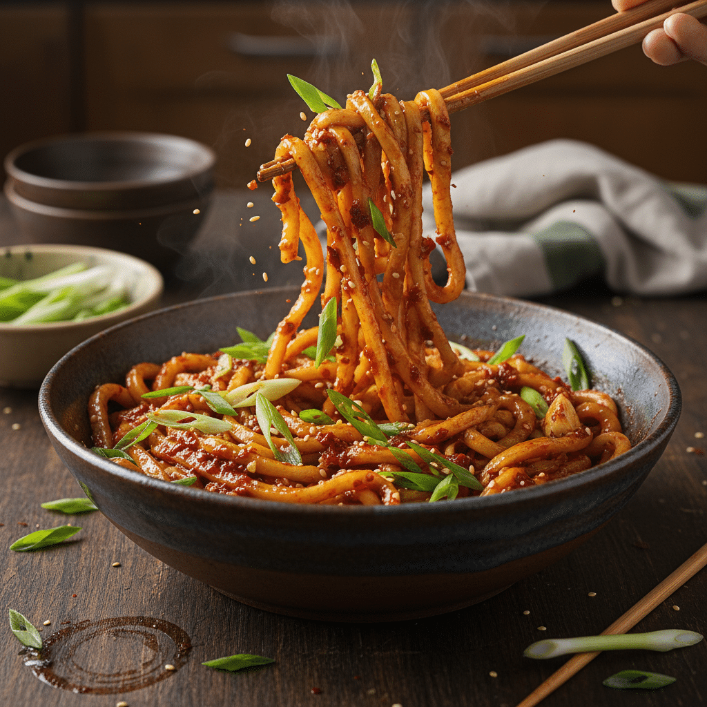 image - Fiery Chili Garlic Noodles Recipe – Quick & Flavorful - Chief Stories Spicy Asian noodles in a bowl with chopsticks, garnished with green onions and sesame seeds.