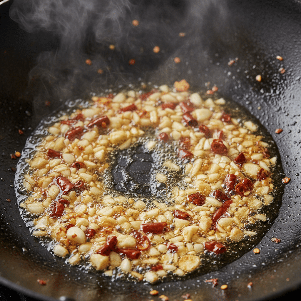 image - Fiery Chili Garlic Noodles Recipe – Quick & Flavorful - Chief Stories Sizzling garlic and chili in hot oil in a black wok, creating a fragrant base for stir-fry.