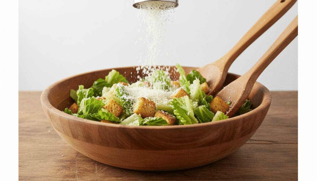 image - Classic Caesar Salad: Homemade Recipe - Chief Stories Sprinkling Parmesan cheese over fresh Caesar salad with croutons in a wooden bowl.