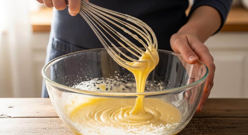 Person whisking cake batter in a glass bowl on a wooden table.