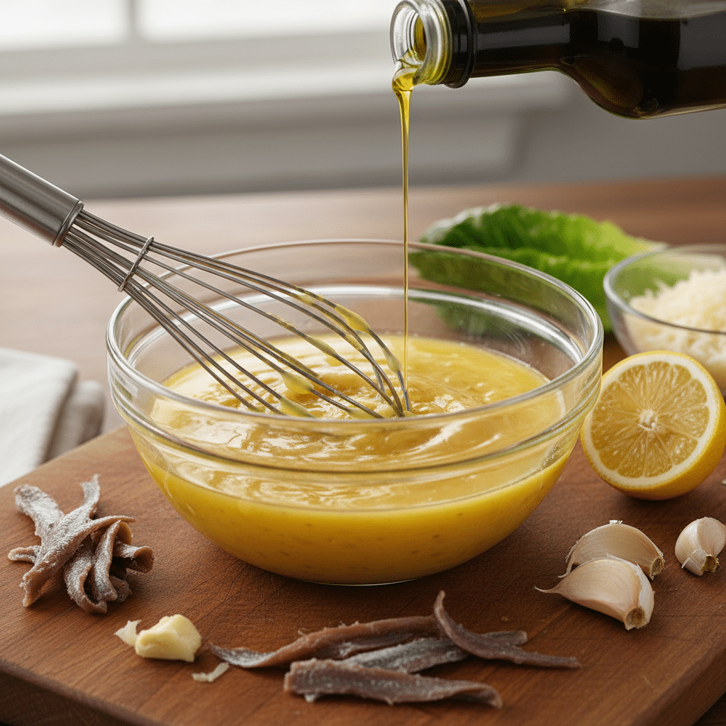 image - Classic Caesar Salad: Homemade Recipe - Chief Stories Homemade Caesar dressing with anchovies, lemon, and garlic, as olive oil is whisked in a glass bowl on a wooden table.