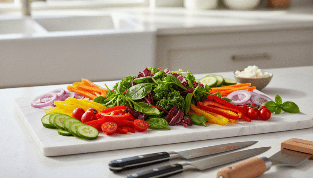 image - Delicious Weight Loss Salads: The Rainbow Power Bowl Colorful fresh vegetable platter with peppers, tomatoes, cucumbers, and greens on a kitchen counter with knives.