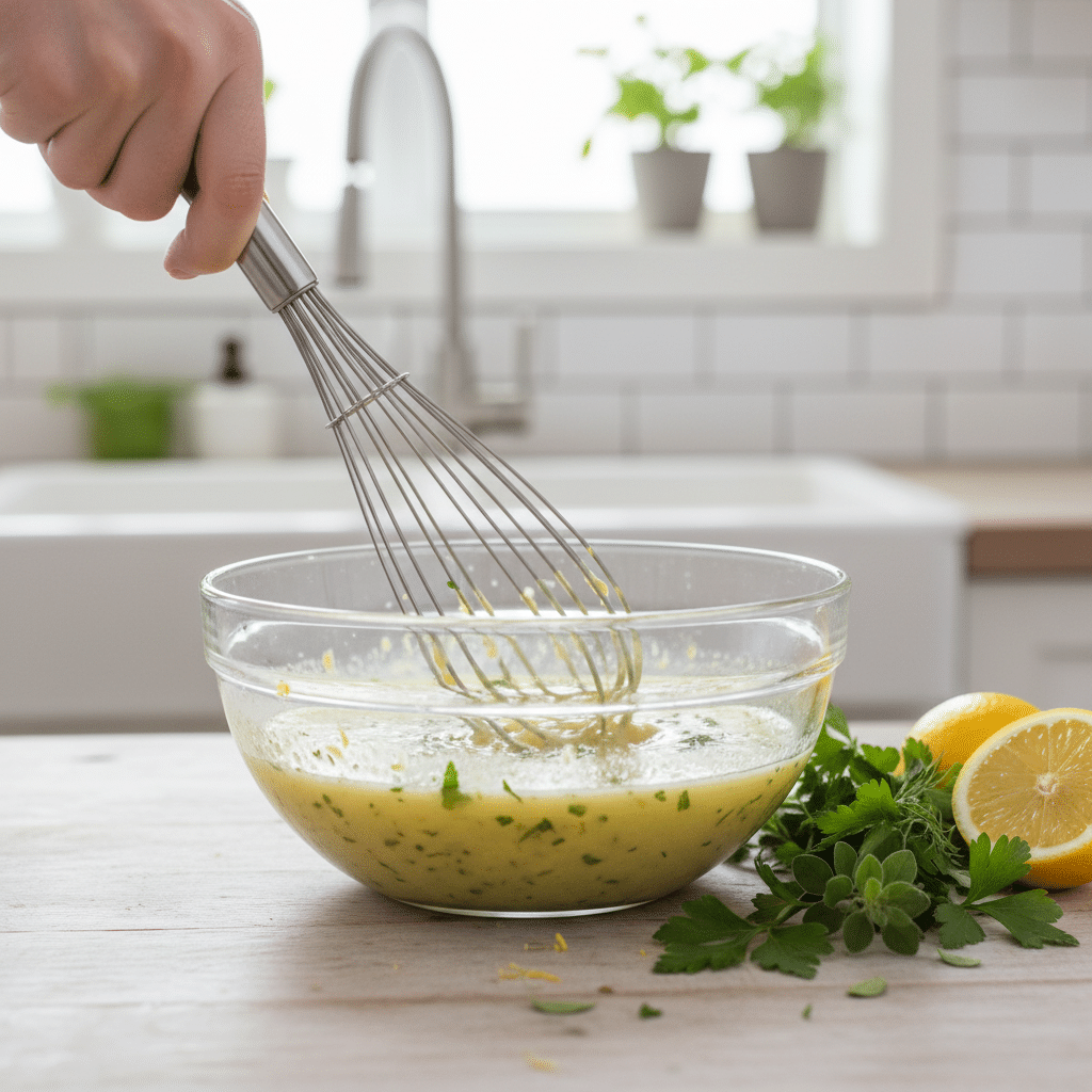 image - Delicious Weight Loss Salads: The Rainbow Power Bowl Whisking homemade lemon herb vinaigrette in a glass bowl on a wooden counter with fresh ingredients nearby.