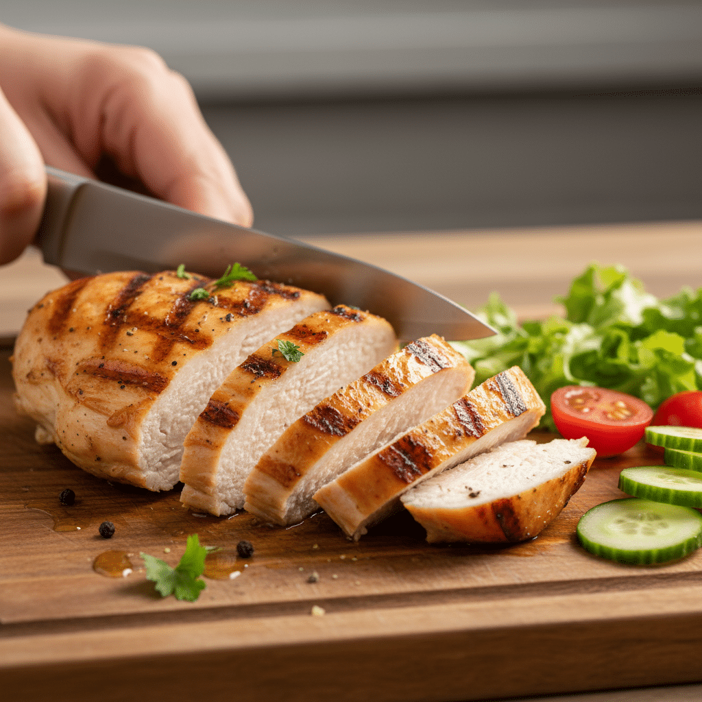 image - Delicious Weight Loss Salads: The Rainbow Power Bowl Slicing grilled chicken breast on a wooden board with fresh salad, tomatoes, and cucumbers in the background.