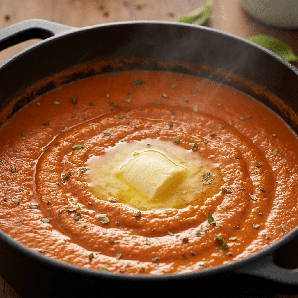 image - Homemade Butter Chicken: Easy, Creamy, Authentic Recipe - Chief Stories Creamy tomato soup with melted butter and herbs in a black pot. Perfect for a comforting, homemade meal.