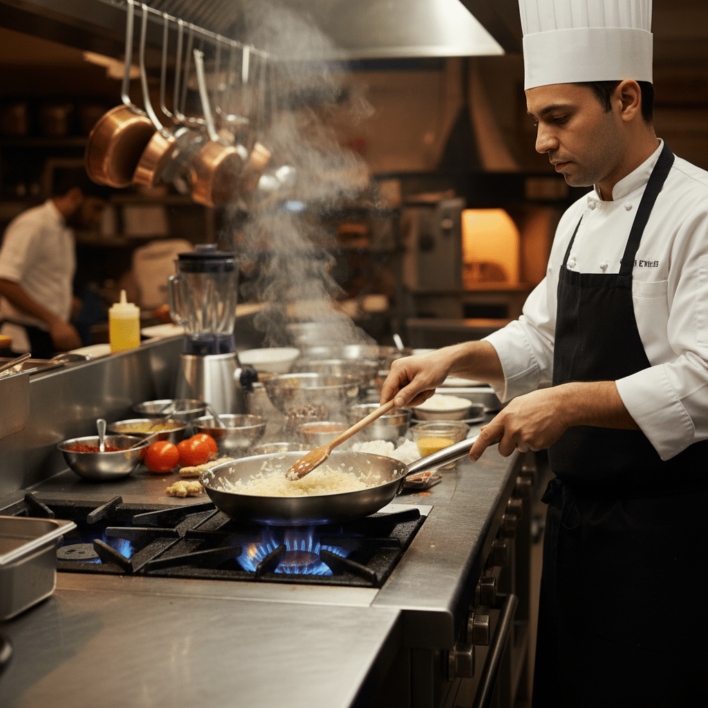 image - Homemade Butter Chicken: Easy, Creamy, Authentic Recipe - Chief Stories Chef cooking with onions in a busy professional kitchen, surrounded by ingredients and sizzling on a gas stove.