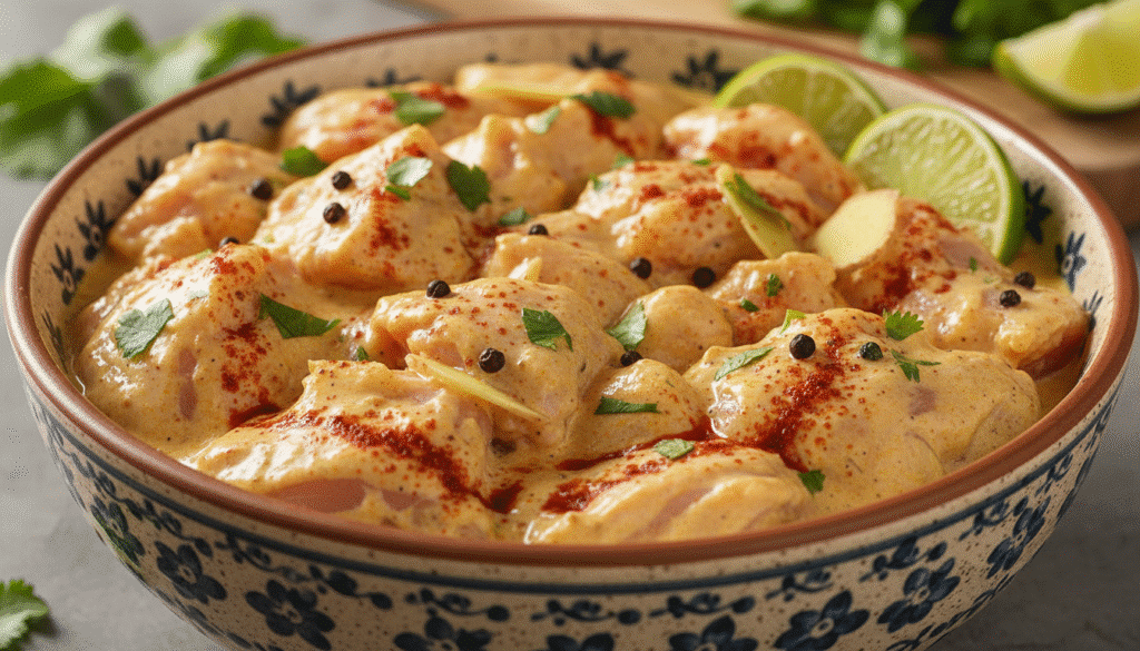 image - Homemade Butter Chicken: Easy, Creamy, Authentic Recipe - Chief Stories Creamy chicken curry garnished with cilantro and lime in a decorative bowl. Perfect for a flavorful meal.