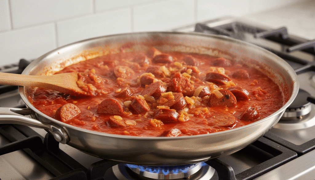 image - Quick Sausage & Tomato Pasta: Your Easy Weeknight Meal Sizzling sausage stew simmering in a skillet with rich tomato sauce on a gas stove, stirring with a wooden spoon.