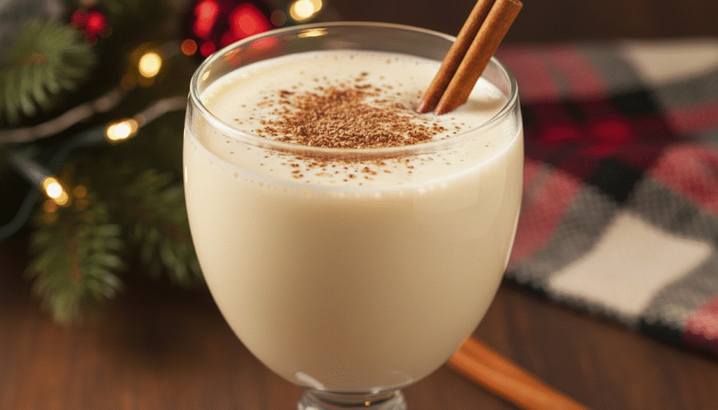 image - 5 Best Christmas Drinks: Festive Sips for Holidays Creamy eggnog in a glass with cinnamon stick, festive holiday decor in the background.