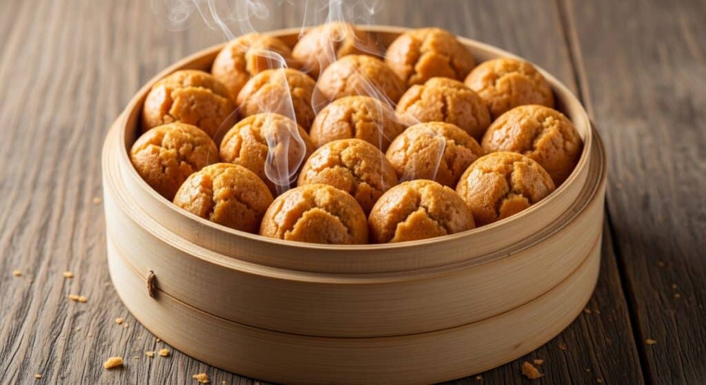 Steaming orange muffins in a bamboo steamer on a wooden table, perfect for breakfast or a cozy snack.