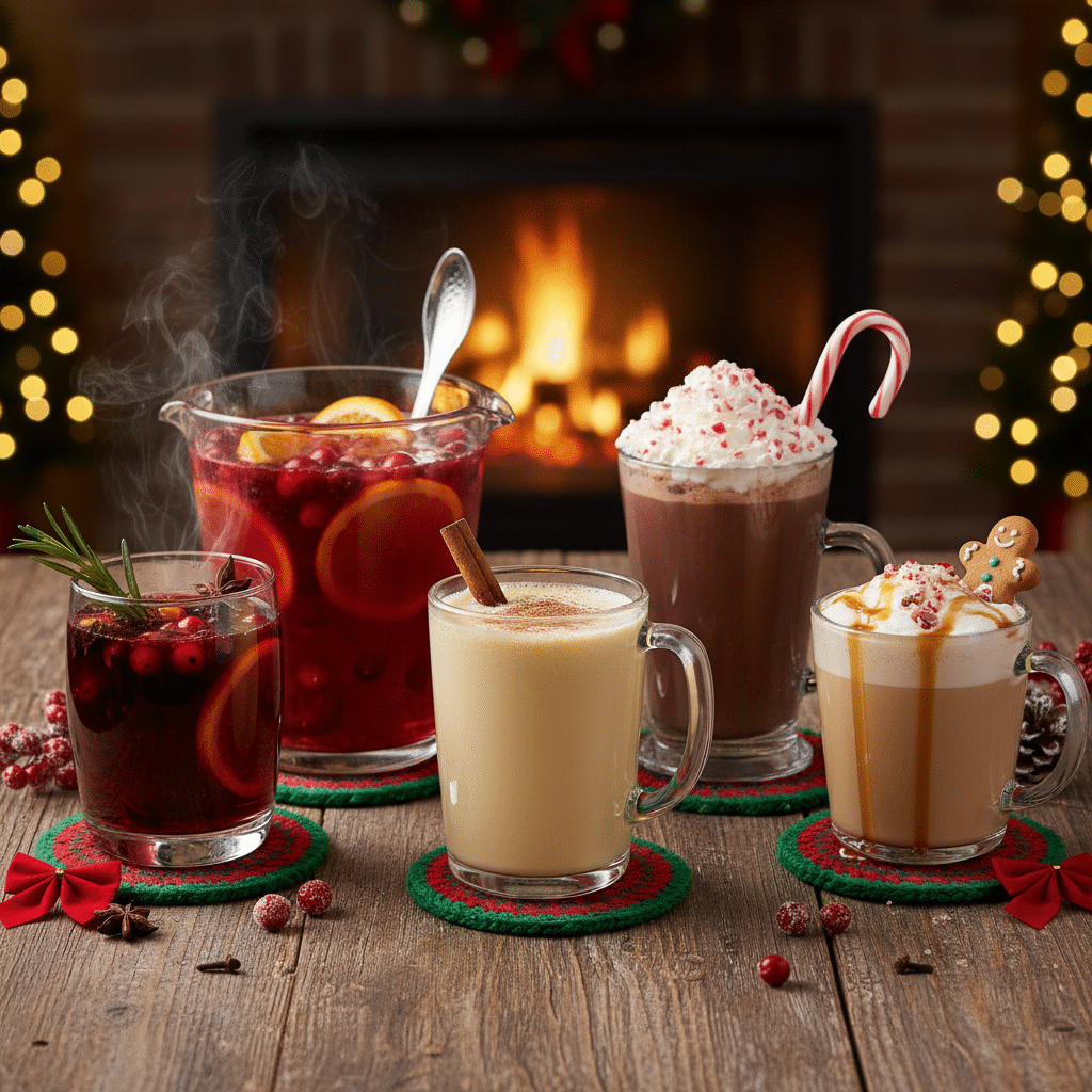 image - 5 Best Christmas Drinks: Festive Sips for Holidays Cozy holiday drinks by the fireplace, featuring mulled wine, eggnog, hot cocoa, and caramel latte with festive decor.