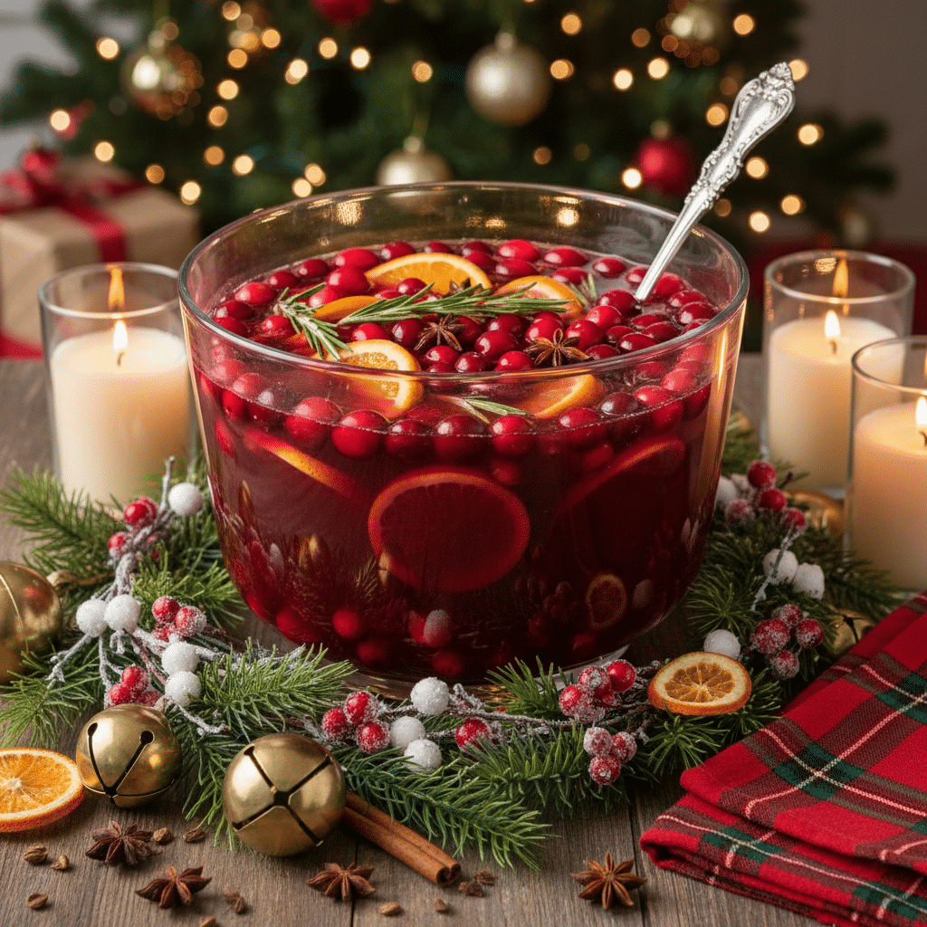 image - 5 Best Christmas Drinks: Festive Sips for Holidays Festive holiday punch with cranberries, oranges, and rosemary in a glass bowl, surrounded by Christmas decor and candles.