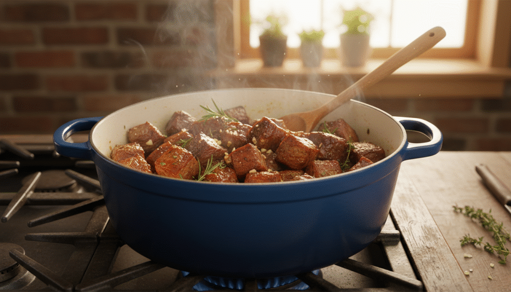 Steaming beef stew in a blue Dutch oven on a stove, with herbs and a wooden spoon. Cozy kitchen setting.