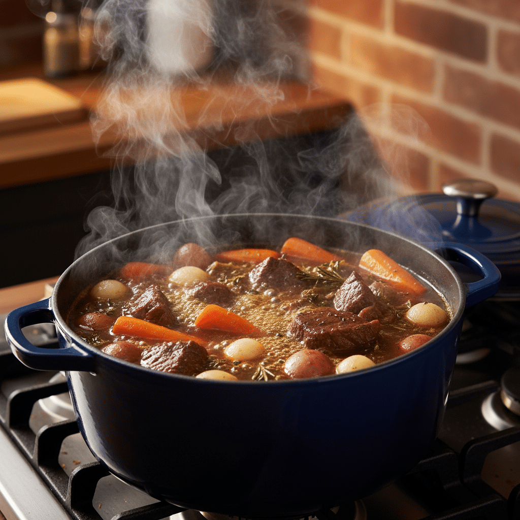 Steamy beef stew with carrots and potatoes in a blue pot on a stove. Perfect for cozy home-cooked meals.