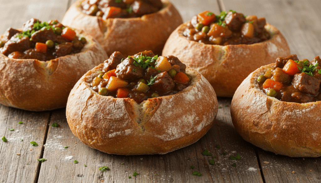 Hearty beef stew served in bread bowls with carrots and peas on a rustic wooden table.