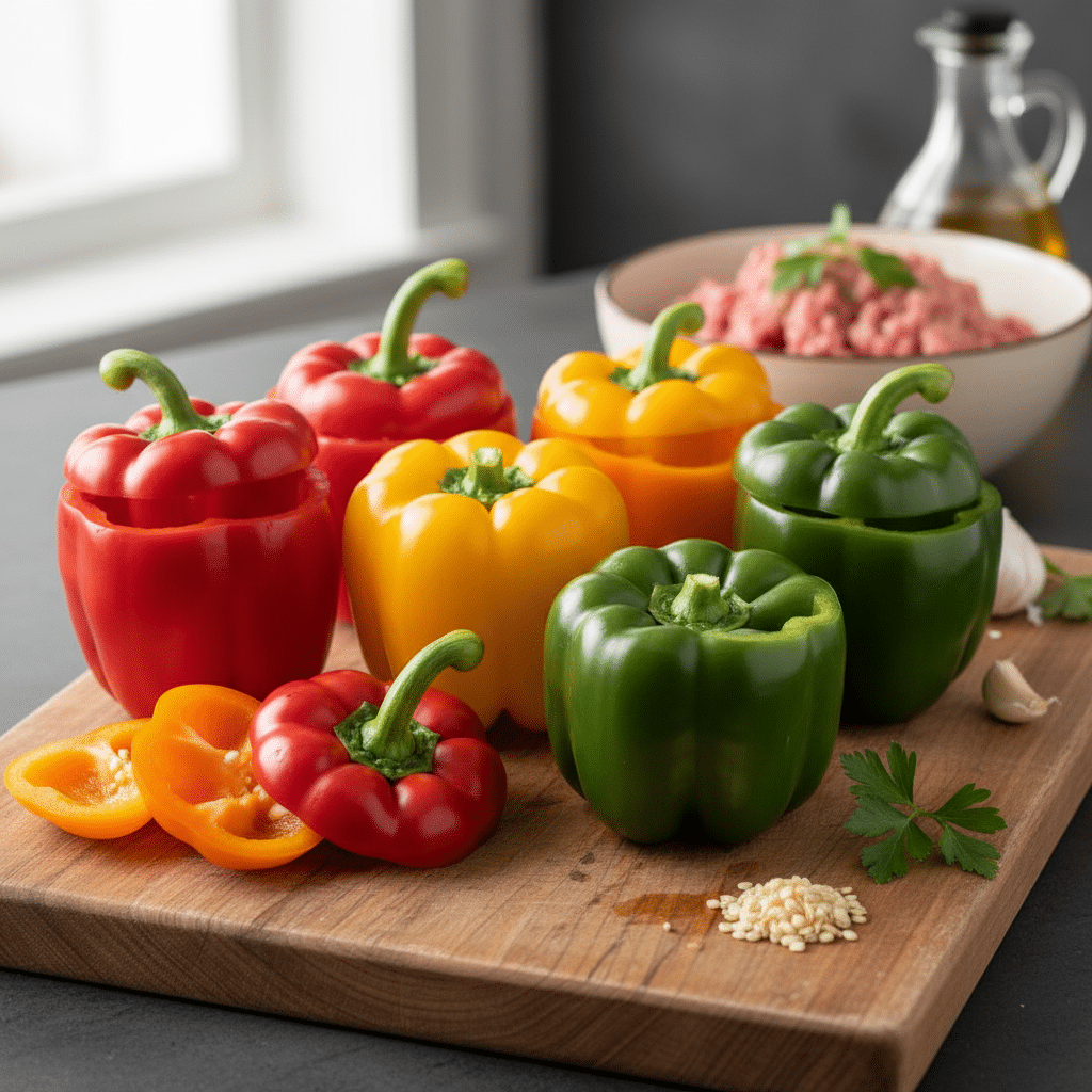 image - Classic Stuffed Peppers Recipe Colorful bell peppers prepared for stuffing on a wooden board, with minced meat in a bowl nearby.