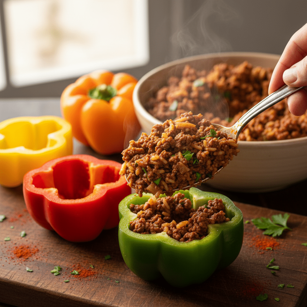 image - Classic Stuffed Peppers Recipe Stuffed bell peppers with spicy rice and beef filling on wooden board.