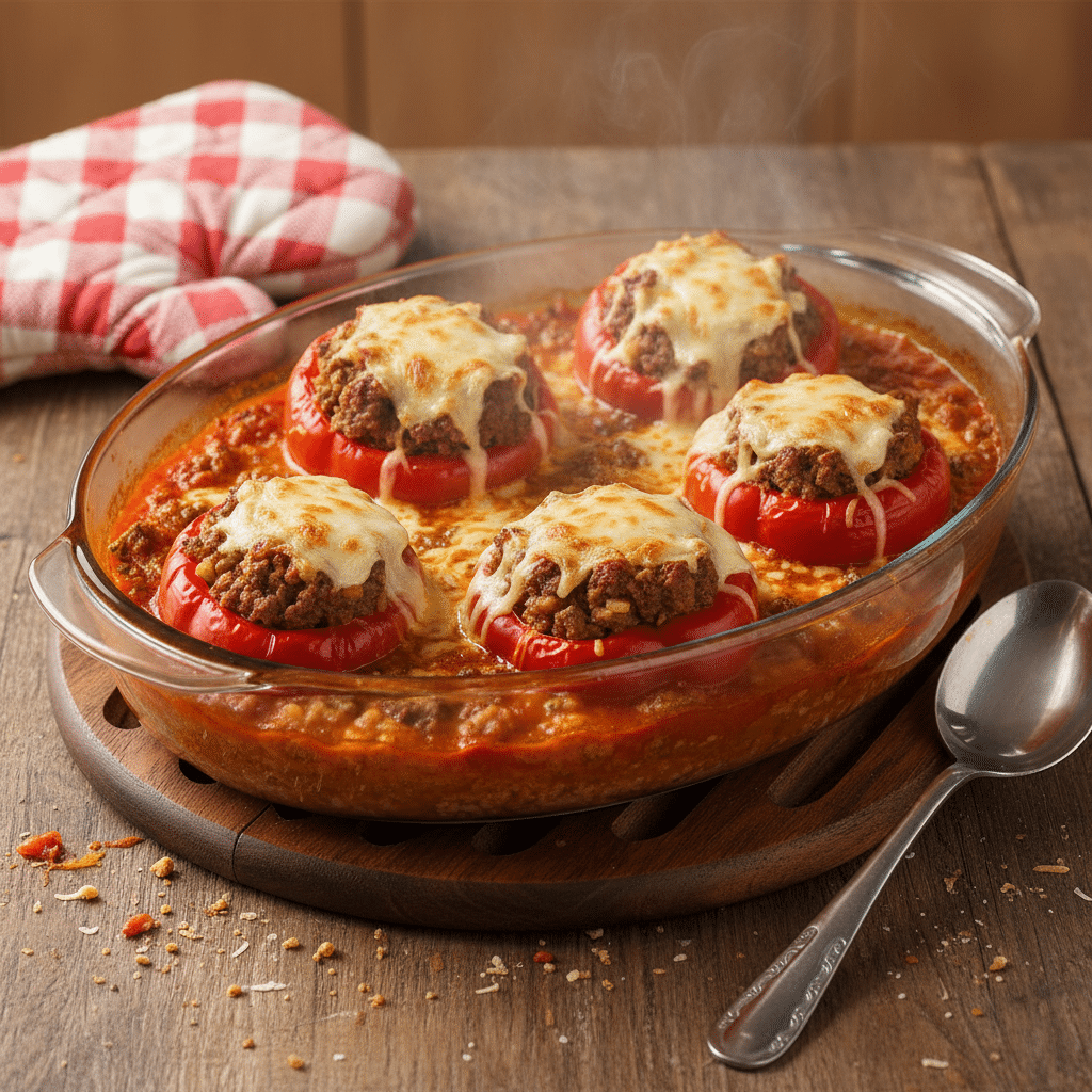 image - Classic Stuffed Peppers Recipe Delicious stuffed bell peppers with melted cheese in a glass baking dish on a rustic wooden table.