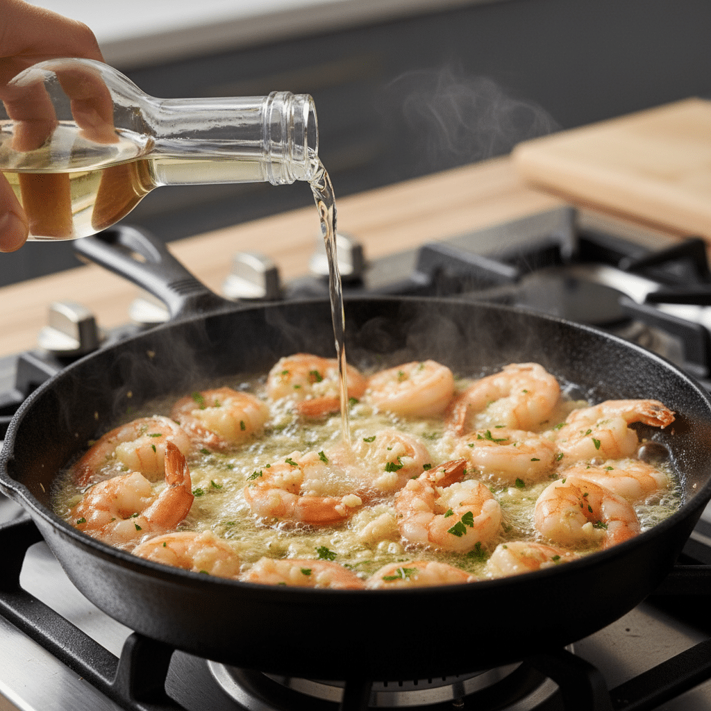 image - Easy Garlic Butter Shrimp Scampi Recipe | Quick & Flavorful Cooking shrimp in a skillet with white wine being poured, garnished with herbs.