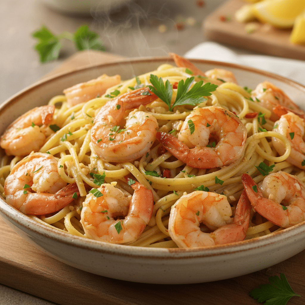 image - Easy Garlic Butter Shrimp Scampi Recipe | Quick & Flavorful Shrimp linguine with herbs and lemon in a beige bowl on a wooden board, garnished with parsley.