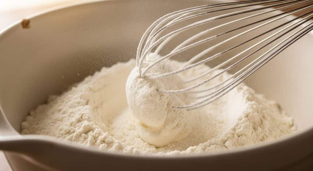 Whisk blending flour in mixing bowl, perfect for baking and cooking recipes.