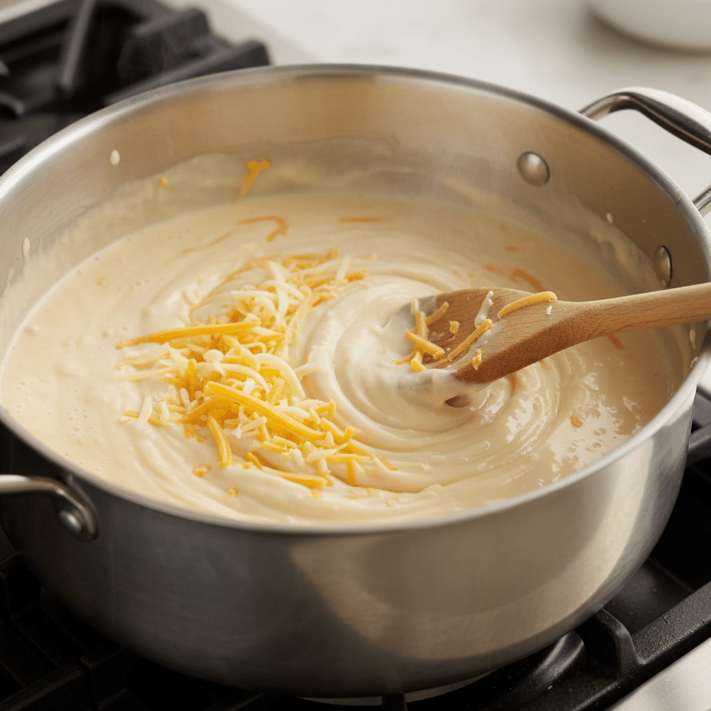 Creamy cheese sauce being stirred in a saucepan with a wooden spoon on a stove.