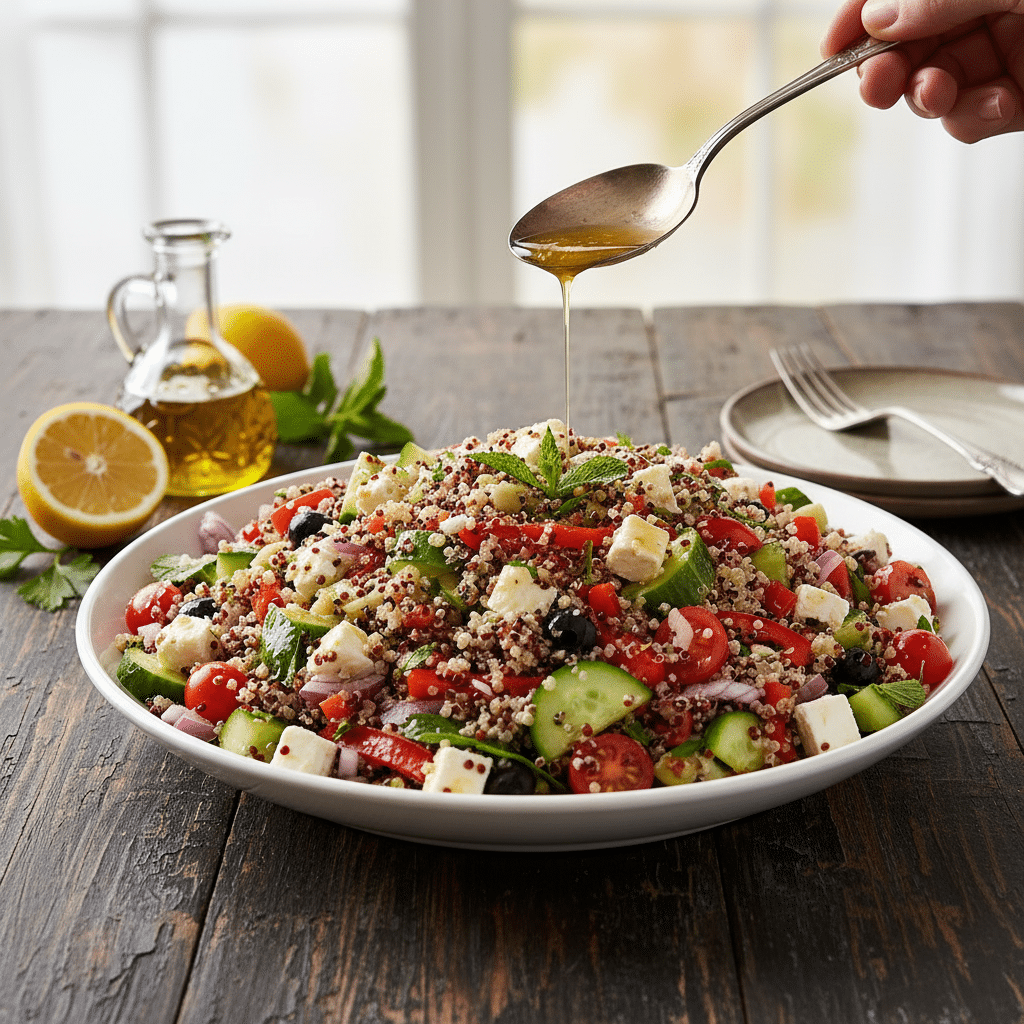image - Mediterranean Quinoa Salad Bowl: Fresh & Flavorful Quinoa salad with cucumbers, tomatoes, feta, olives, and mint, drizzled with olive oil. Fresh and healthy Mediterranean dish.