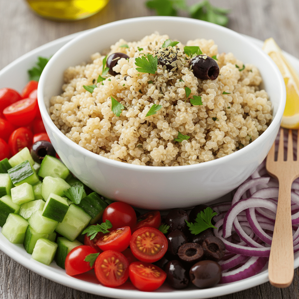 image - Mediterranean Quinoa Salad Bowl: Fresh & Flavorful Bowl of quinoa with fresh vegetables, olives, and herbs on a wooden table, garnished for a healthy meal.
