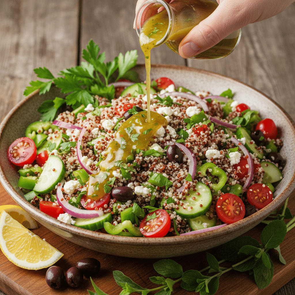 image - Mediterranean Quinoa Salad Bowl: Fresh & Flavorful Quinoa salad with cherry tomatoes, cucumbers, olives, and feta, drizzled with olive oil dressing. Fresh and healthy meal.