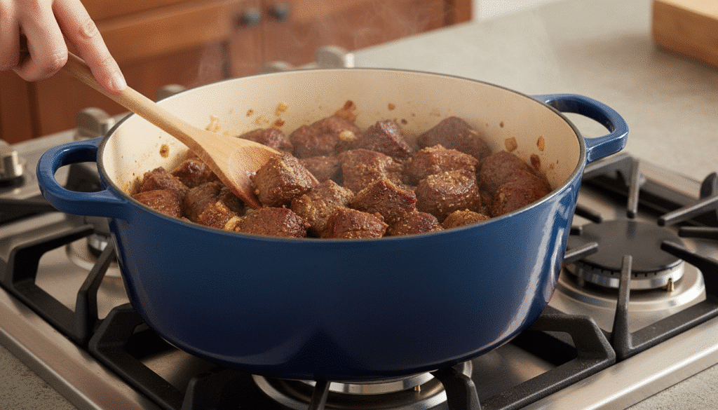Cooking beef stew meat in blue Dutch oven on stovetop with wooden spoon.