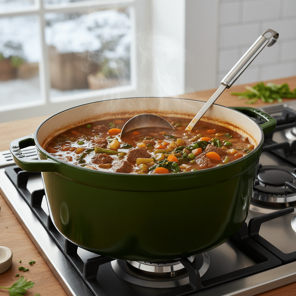 Hearty vegetable and beef stew simmering in a green pot on a stove, with a ladle ready to serve.